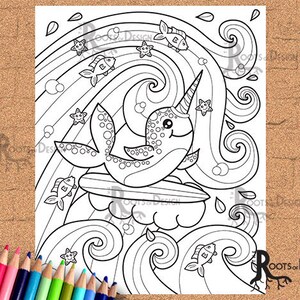 INSTANT DOWNLOAD Coloring Page - Surfing Narwhal Print, doodle art, printable