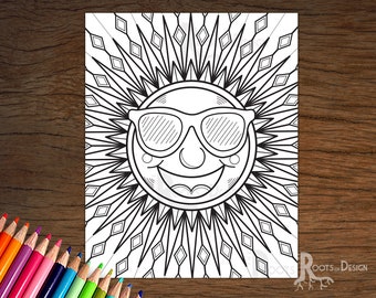 INSTANT DOWNLOAD Coloring Page - Happy Sun with Sunglasses, doodle art, printable