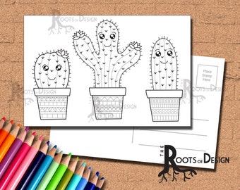 INSTANT DOWNLOAD Coloring Postcard Page - Cute Cactus Color your own fun Postcards, doodle art, printable, Coloring Postcards