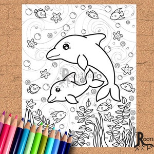 INSTANT DOWNLOAD Coloring Page Dolphin Art Coloring Print, doodle art, printable