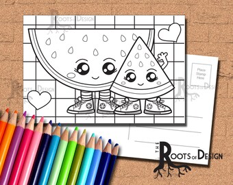 INSTANT DOWNLOAD Coloring Postcard Page - Cute Watermelon People Color your own fun Postcards, doodle art, printable, Coloring Postcards