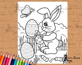 INSTANT DOWNLOAD Coloring Page - Easter Bunny painting Eggs, doodle art, printable