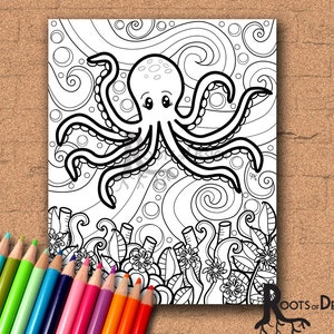 INSTANT DOWNLOAD Coloring Page - Octopus Under the Sea  doodle art, printable