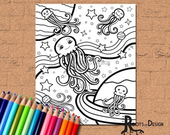 INSTANT DOWNLOAD Coloring Page - Jellyfish in Space Print, doodle art, printable