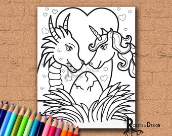 DESCARGA INSTANTE Página para colorear - Impresión familiar de dragón y unicornio, arte de garabatos, imprimible, Kawaii