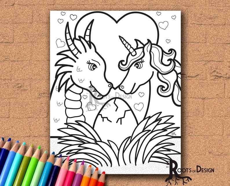INSTANT DOWNLOAD Coloring Page Dragon and Unicorn Family | Etsy