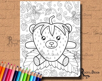 INSTANT DOWNLOAD Cute Strawberry Bear ( StrawBeary) Coloring Coloring Page Print, doodle art, printable