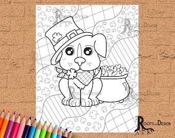 INSTANT DOWNLOAD Coloring Page - St Patrick's Day Shamrock Dog inspired, doodle art, printable