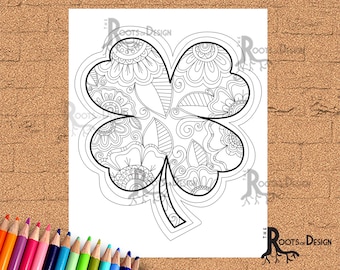 INSTANT DOWNLOAD Coloring Page - Shamrock / Clover Print 4 zentangle inspired, doodle art, printable
