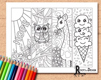 INSTANT DOWNLOAD Coloring Page - Hope, Owl, Giraffe, and Ice Cream Themed Color your own fun bookmarks, doodle art, printable