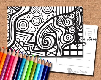 INSTANT DOWNLOAD Coloring Postcard Page - ZenDoodle Color your own fun Postcards, doodle art, printable, Coloring Postcards