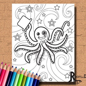 INSTANT DOWNLOAD Coloring Page Octopus with a Top Hat Art Coloring Print, doodle art, printable
