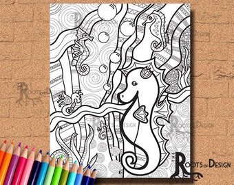 INSTANT DOWNLOAD Coloring Page - Seahorse Art Print zentangle inspired, doodle art, printable