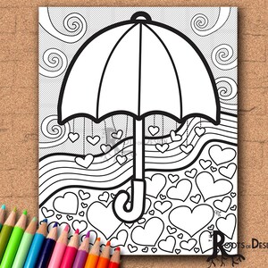 May include: A black and white colouring page featuring an umbrella with hearts raining down from it. The umbrella is surrounded by a swirling pattern of hearts and waves.