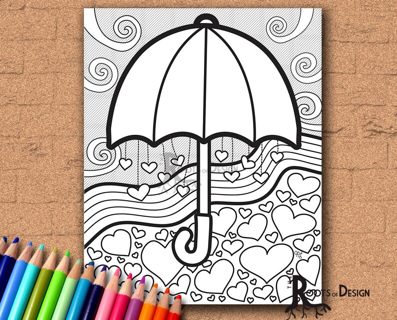 May include: A black and white colouring page featuring an umbrella with hearts raining down from it. The umbrella is surrounded by a swirling pattern of hearts and waves.