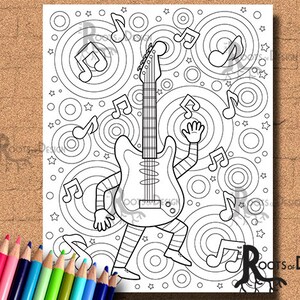 INSTANT DOWNLOAD Coloring Dancing Guitar Art Coloring Print, doodle art, printable