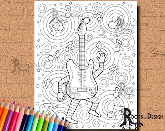 INSTANT DOWNLOAD Coloring Dancing Guitar Art Coloring Print, doodle art, printable