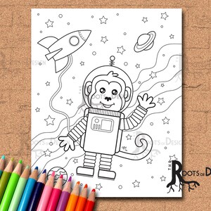 DESCARGA INSTANTE Página para colorear - Mono espacial, arte del doodle, imprimible