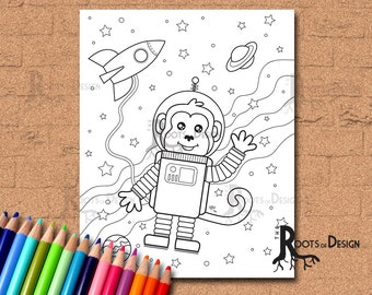 INSTANT DOWNLOAD Coloring Page -  Space Monkey, doodle art, printable