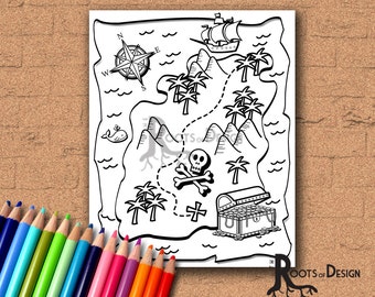 INSTANT DOWNLOAD Coloring Page - treasure Map art, printable