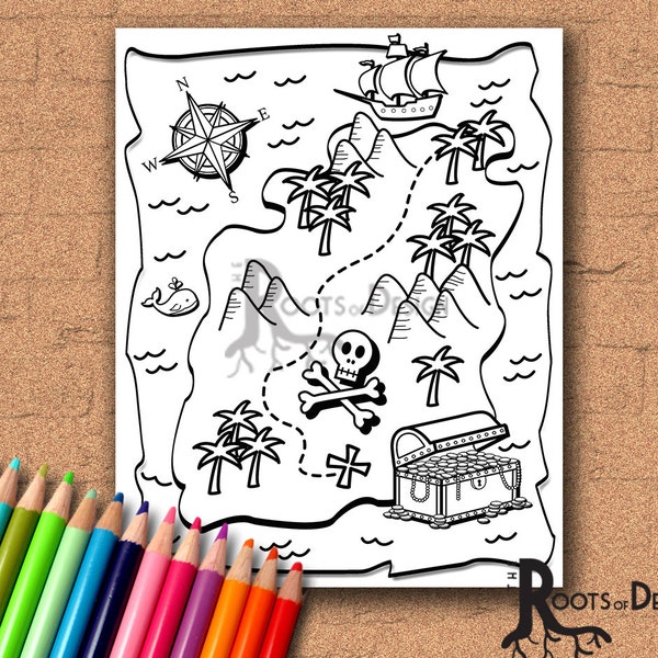 INSTANT DOWNLOAD Coloring Page - treasure Map art, printable