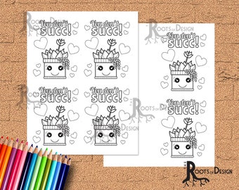 Instant Download- Cute Succulent Valentine Card for Coloring, Great for the classroom - Color Your Own Printable Card 2