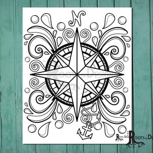 INSTANT DOWNLOAD Coloring Page Compass Design, doodle art, printable Design 8 image 1