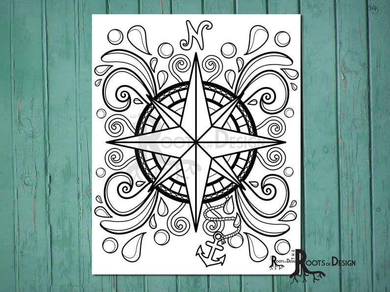 INSTANT DOWNLOAD Coloring Page Compass Design, doodle art, printable Design 8 image 1