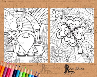 INSTANT DOWNLOAD Coloring Page - St. Patrick's Day Gnome and Shamrock Bundle Print, doodle art, printable