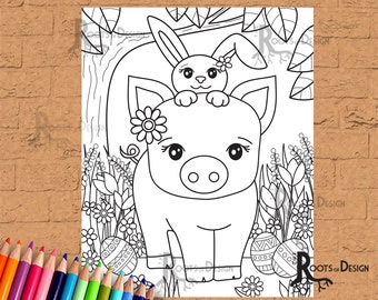 INSTANT DOWNLOAD Coloring Page - Easter Pig, doodle art, printable