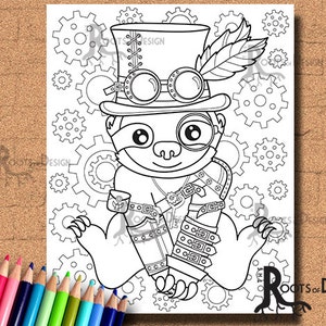 INSTANT DOWNLOAD Coloring Steampunk Sloth Art Coloring Print, doodle art, printable