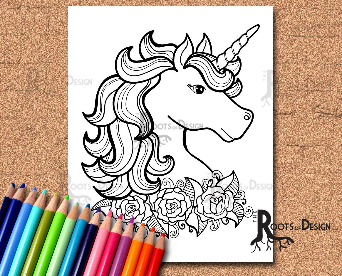 INSTANT DOWNLOAD Coloring Page Unicorn With Roses Art Etsy