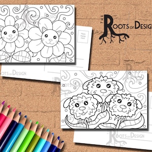 INSTANT DOWNLOAD Coloring Postcard Page - Cat and Dog Flowers Color your own fun Postcards, doodle art, printable, Coloring Postcards