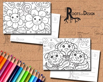 INSTANT DOWNLOAD Coloring Postcard Page - Cat and Dog Flowers Color your own fun Postcards, doodle art, printable, Coloring Postcards