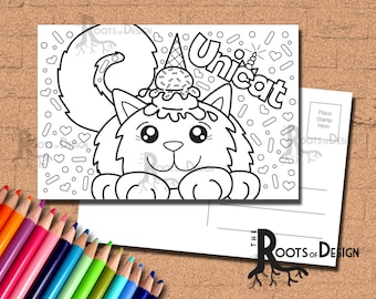 INSTANT DOWNLOAD Coloring Postcard Page - Uni-Cat your own fun Postcards, doodle art, printable, Coloring Postcards