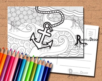 INSTANT DOWNLOAD Coloring Postcard Page - Anchor Color your own fun Postcards, doodle art, printable, Coloring Postcards