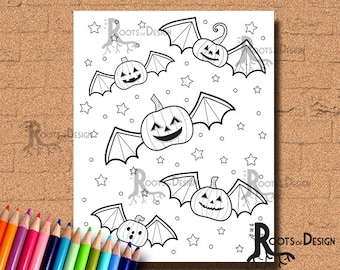 INSTANT DOWNLOAD Pumpkin Bats Coloring Coloring Page Print, doodle art, printable