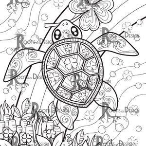 INSTANT DOWNLOAD Coloring Page St Patrick's Day Turtle inspired, doodle art, printable image 2