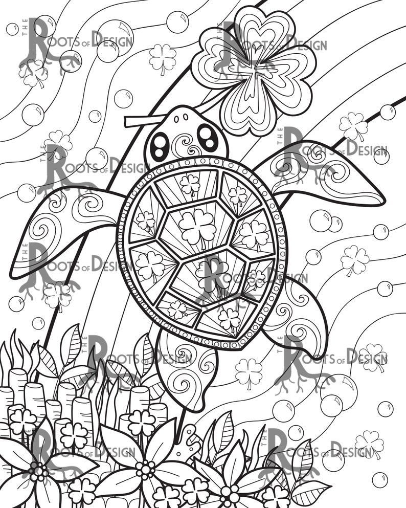 INSTANT DOWNLOAD Coloring Page St Patrick's Day Turtle inspired, doodle art, printable image 2