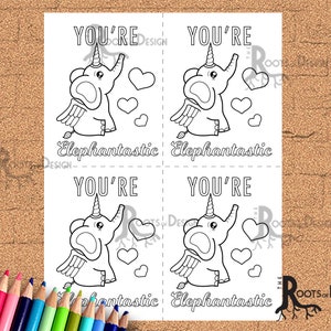 Puede incluir: Cuatro páginas para colorear imprimibles con un elefante unicornio con alas y corazones. El texto en cada página dice "You're Elephantastic".