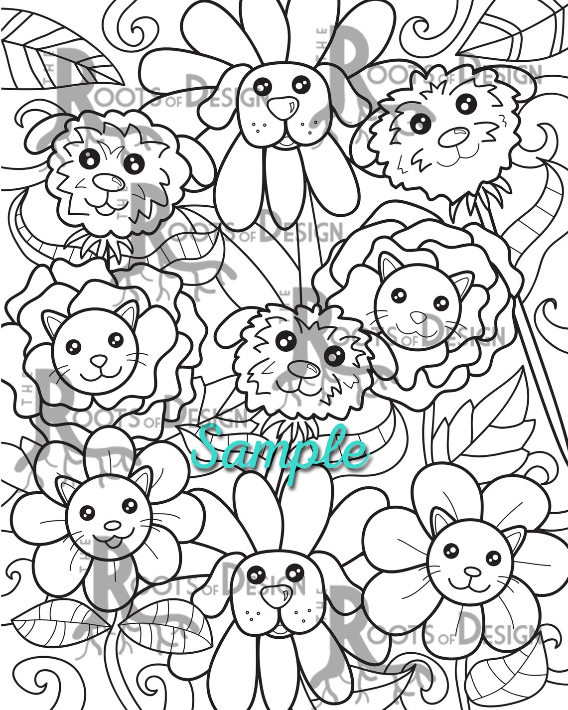 INSTANT DOWNLOAD Cute Cat Dog Flowers Coloring Coloring Page | Etsy