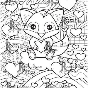 INSTANT DOWNLOAD Coloring Page Fox with Hearts Valentine Art Print, doodle art, printable image 2
