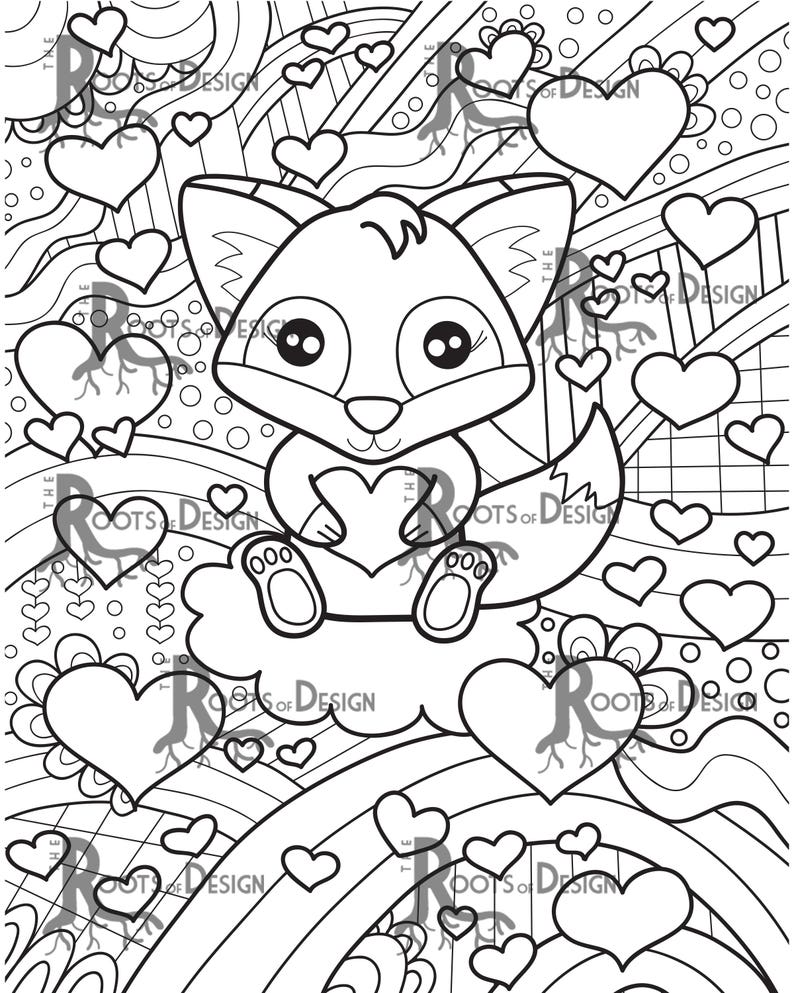 INSTANT DOWNLOAD Coloring Page Fox with Hearts Valentine Art Print, doodle art, printable image 2