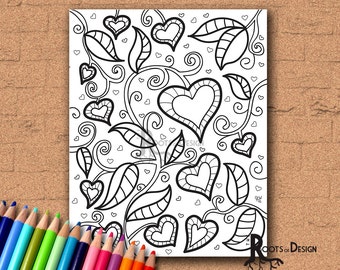 INSTANT DOWNLOAD Coloring Page - Heart Shape Flower Coloring Print, doodle art, printable