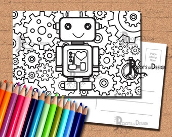 INSTANT DOWNLOAD Coloring Postcard Page - Robot Color your own fun Postcards, doodle art, printable, Coloring Postcards