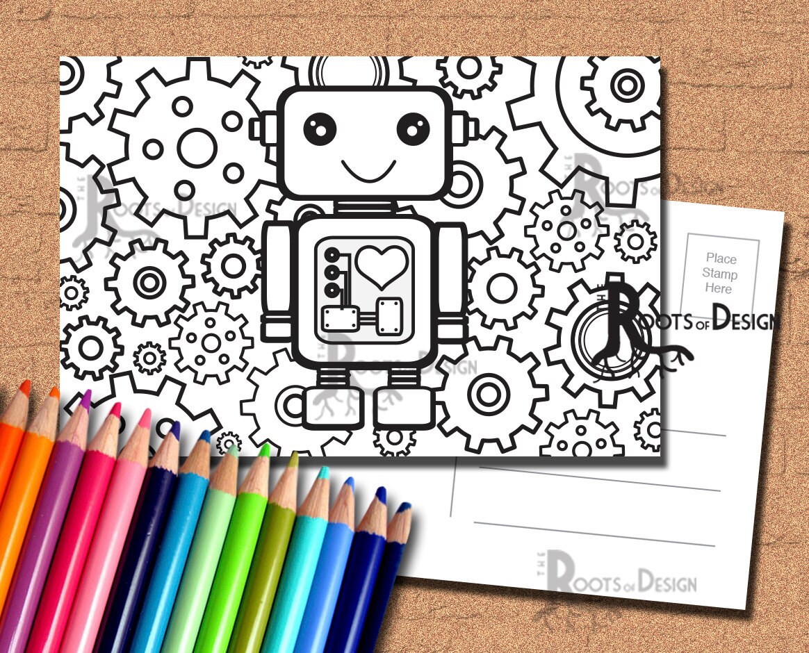 INSTANT DOWNLOAD Coloring Postcard Page Robot Color your own | Etsy