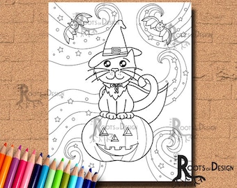 INSTANT DOWNLOAD Coloring Cat Witch Coloring Page Print, doodle art, printable