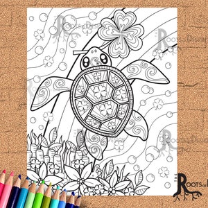 INSTANT DOWNLOAD Coloring Page St Patrick's Day Turtle inspired, doodle art, printable image 1