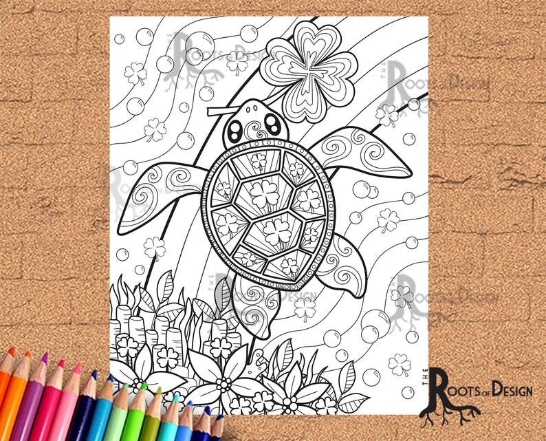 INSTANT DOWNLOAD Coloring Page St Patrick's Day Turtle inspired, doodle art, printable image 1