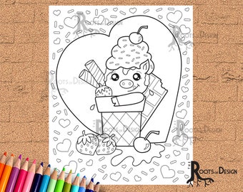 INSTANT DOWNLOAD Coloring Page -  Piggy Sweetness with ice cream, doodle art, printable